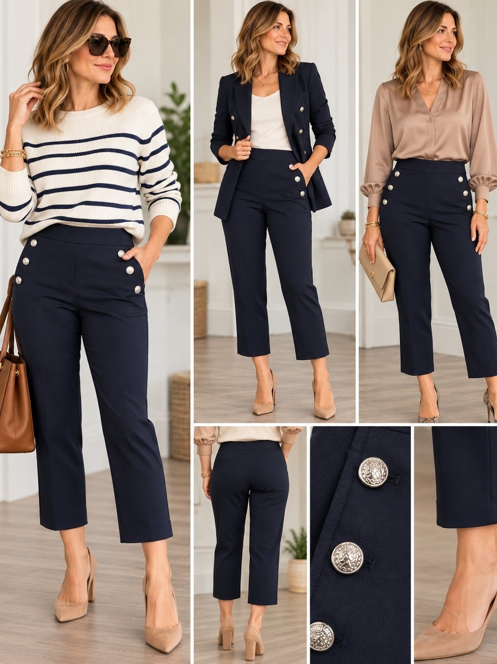 Rachel Zoe Navy Sailor Button Cropped Pants Size 8 Stretch Trousers.